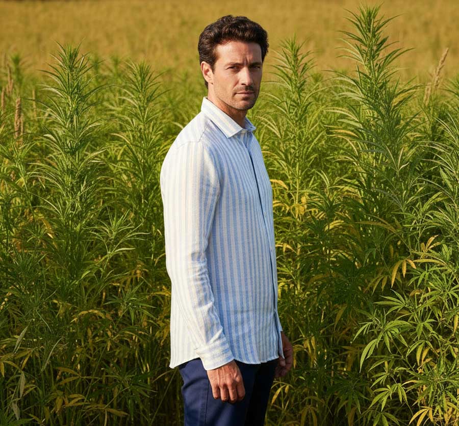 man wearing blue and white striped shirt made from sustainable hemp fabric standing in front of hemp plants