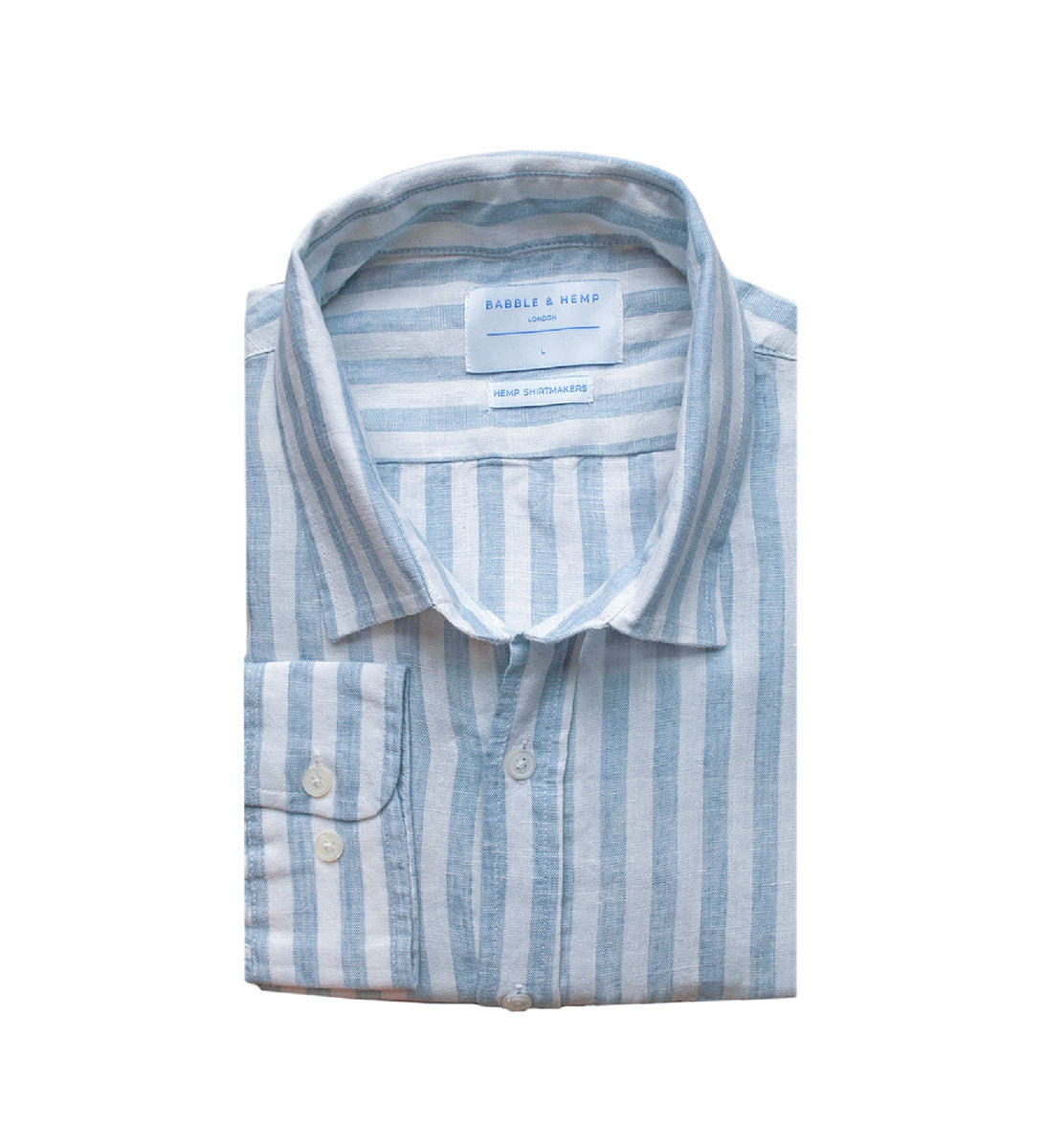 a product shot of a neatly folded blue and white stripe shirt on white background