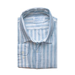 a product shot of a neatly folded blue and white stripe shirt on white background