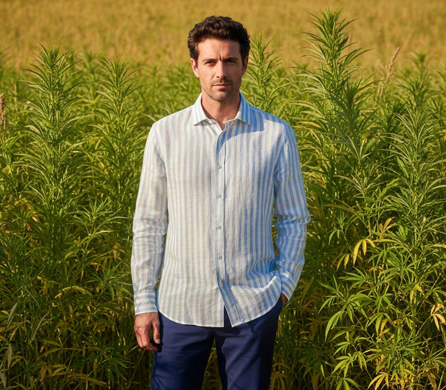 photo of a man wearing a blue and white striped hemp shirt with one hand in pocket, posing in front of a hemp field