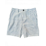 Blue and white striped hemp shorts laid flat on a white background