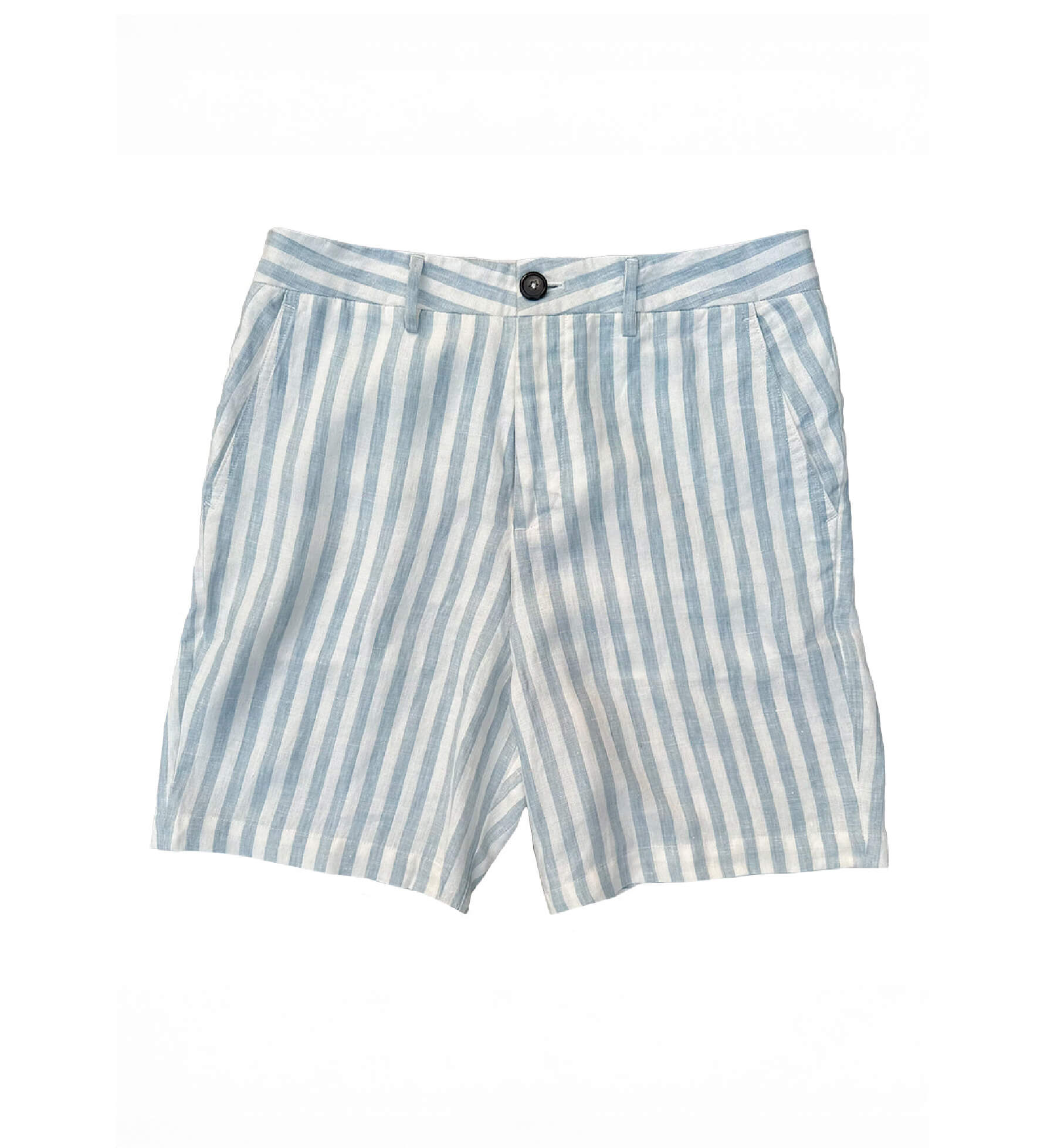 Blue and white striped hemp shorts laid flat on a white background