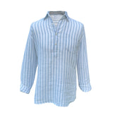 Light blue and white striped hemp shirt on a mannequin in front of a white background
