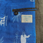 Interior lining of blue hemp fabric with white illustrations and a visible brand label on a textured background
