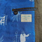 Interior lining of blue hemp fabric with white illustrations and a visible brand label on a textured background