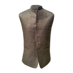 Brown sleeveless nehru jacket made from hemp fabric with button details on a white background