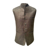 Brown sleeveless nehru jacket made from hemp fabric with button details on a white background