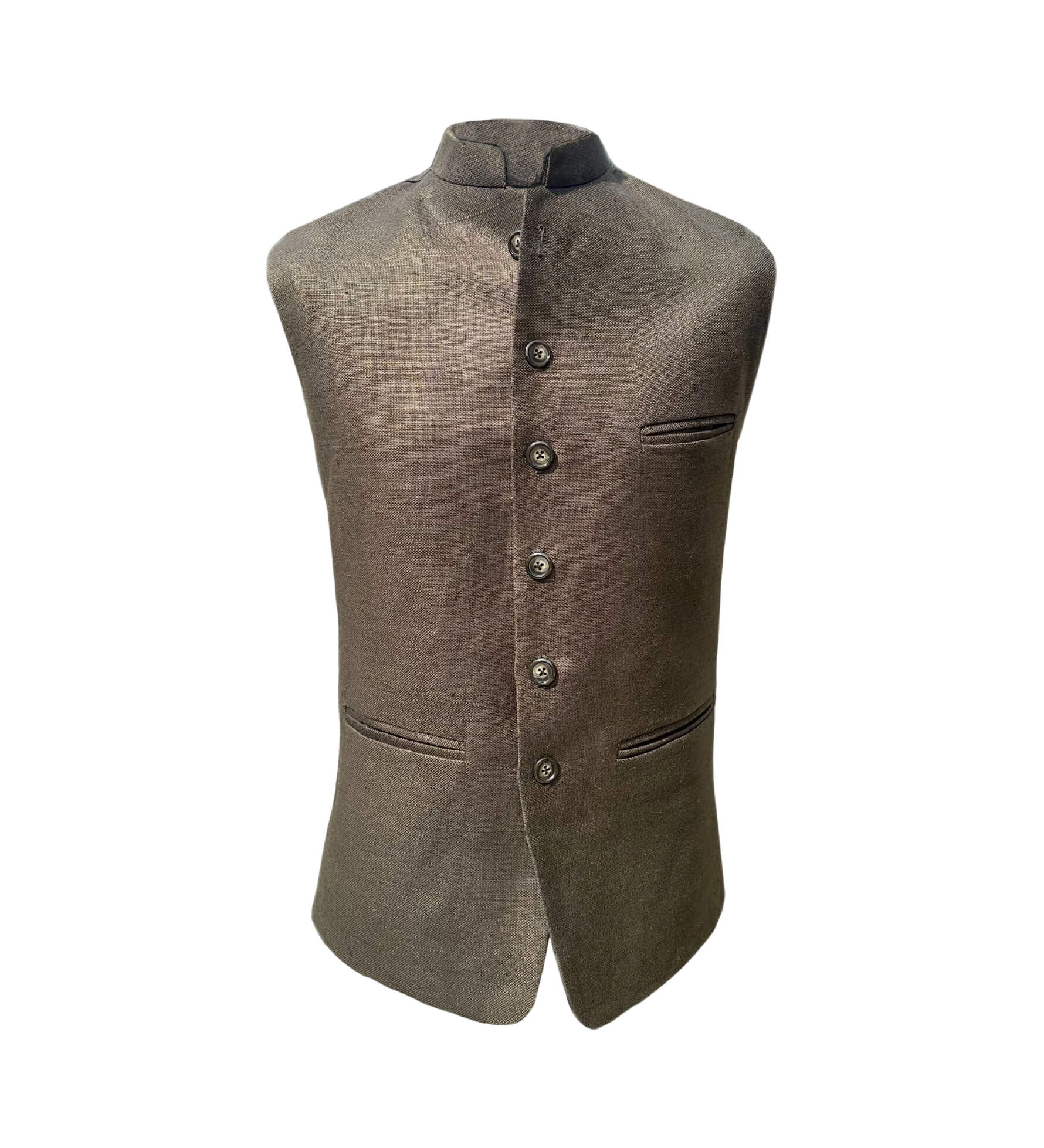 Brown sleeveless nehru jacket made from hemp fabric with button details on a white background