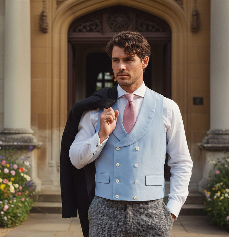 a man wearing a hemp waistcoat which is colour blue with a wooden morning coat draped over his shoulder