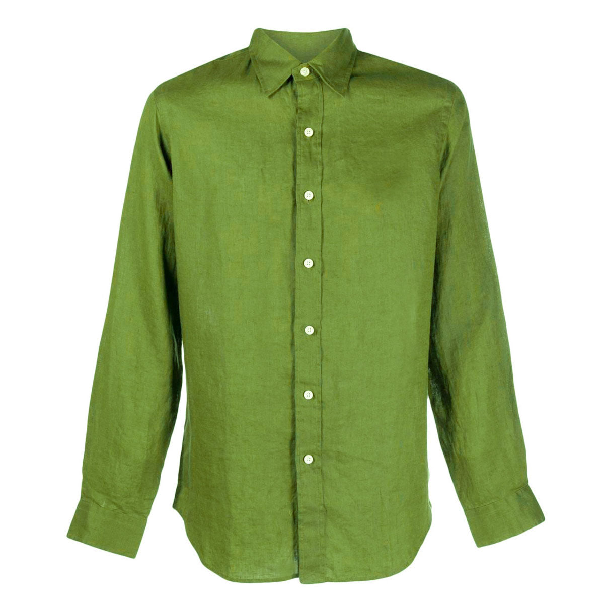 Green button-up hemp shirt on a white background