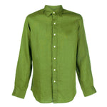 Green button-up hemp shirt on a white background