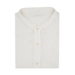 White button-up, hemp fabric shirt with mandarin collar on a white background