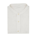White button-up, hemp fabric shirt with mandarin collar on a white background