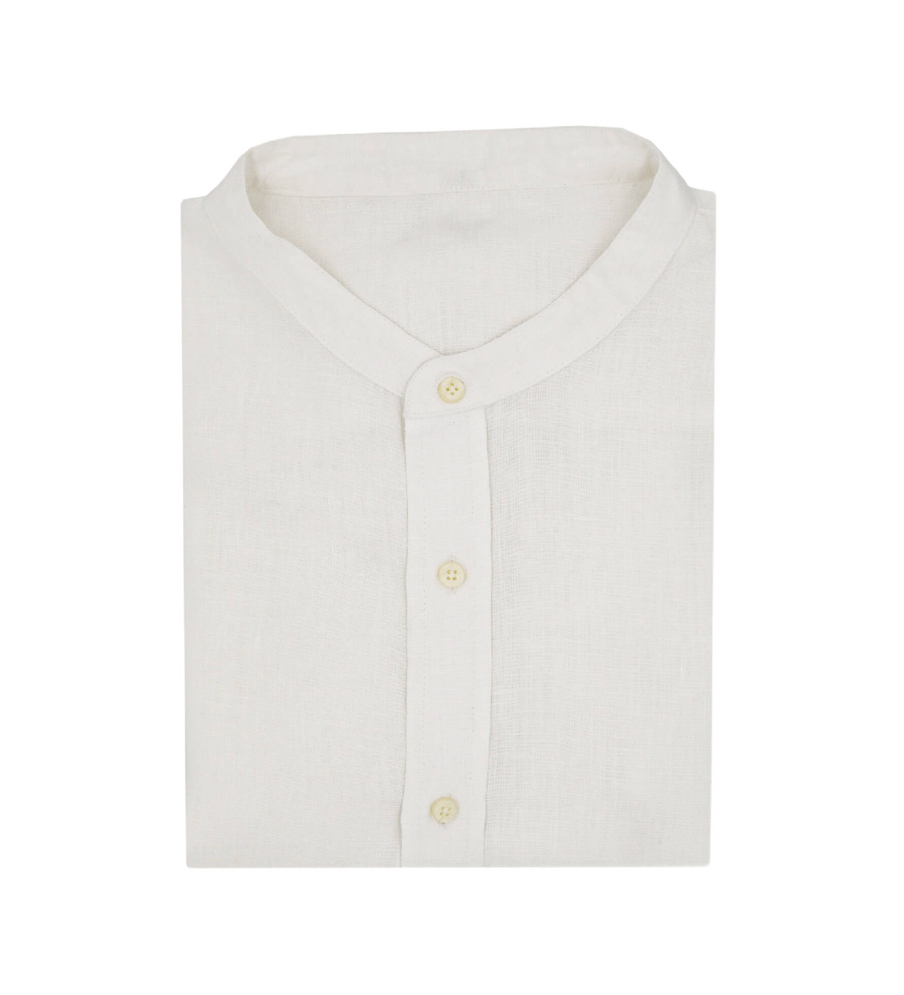 White button-up, hemp fabric shirt with mandarin collar on a white background