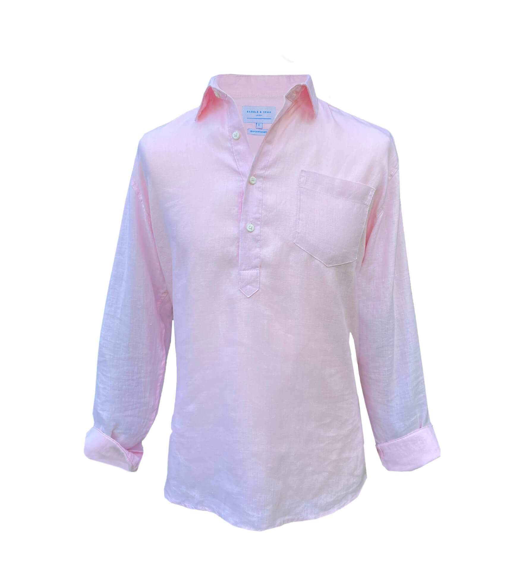 Soft pink hemp shirt with a collar on a white background