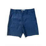 Blue hemp shorts laid flat on a white background