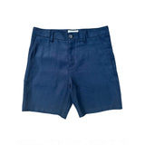 Blue hemp shorts laid flat on a white background