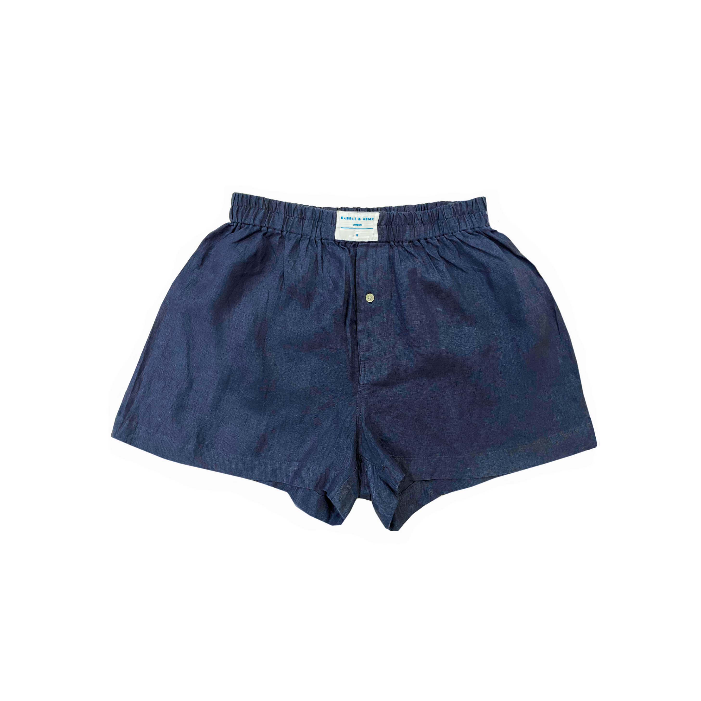 Navy blue boxer shorts made from soft hemp fabric on a white background