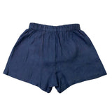 Blue hemp boxer shorts on a white background, photo from behind showing the boxer shorts face down