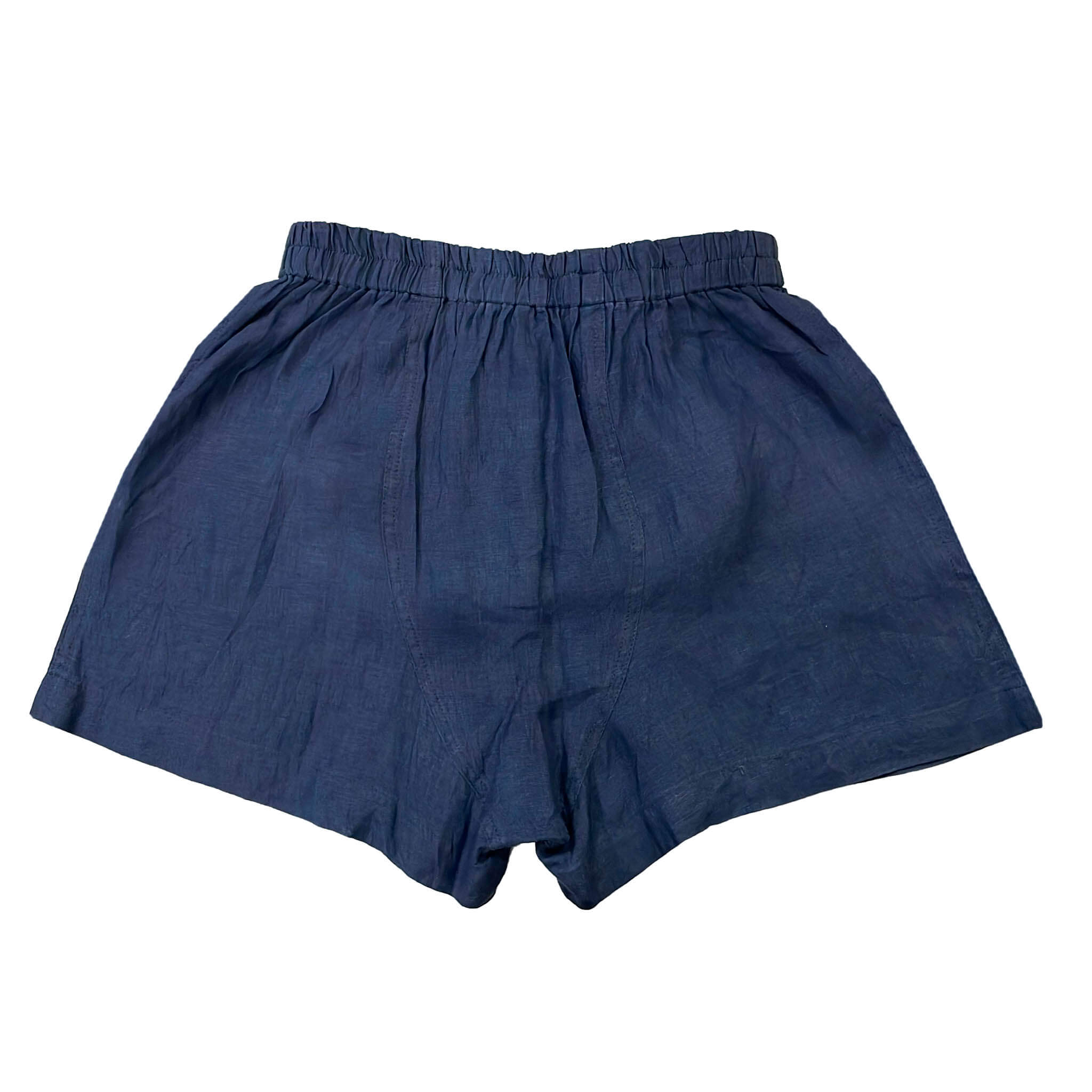 Blue hemp boxer shorts on a white background, photo from behind showing the boxer shorts face down