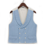 light blue hemp waistcoat on hanger with white shell buttons against white backdrop