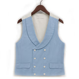 light blue hemp waistcoat on hanger with white shell buttons against white backdrop