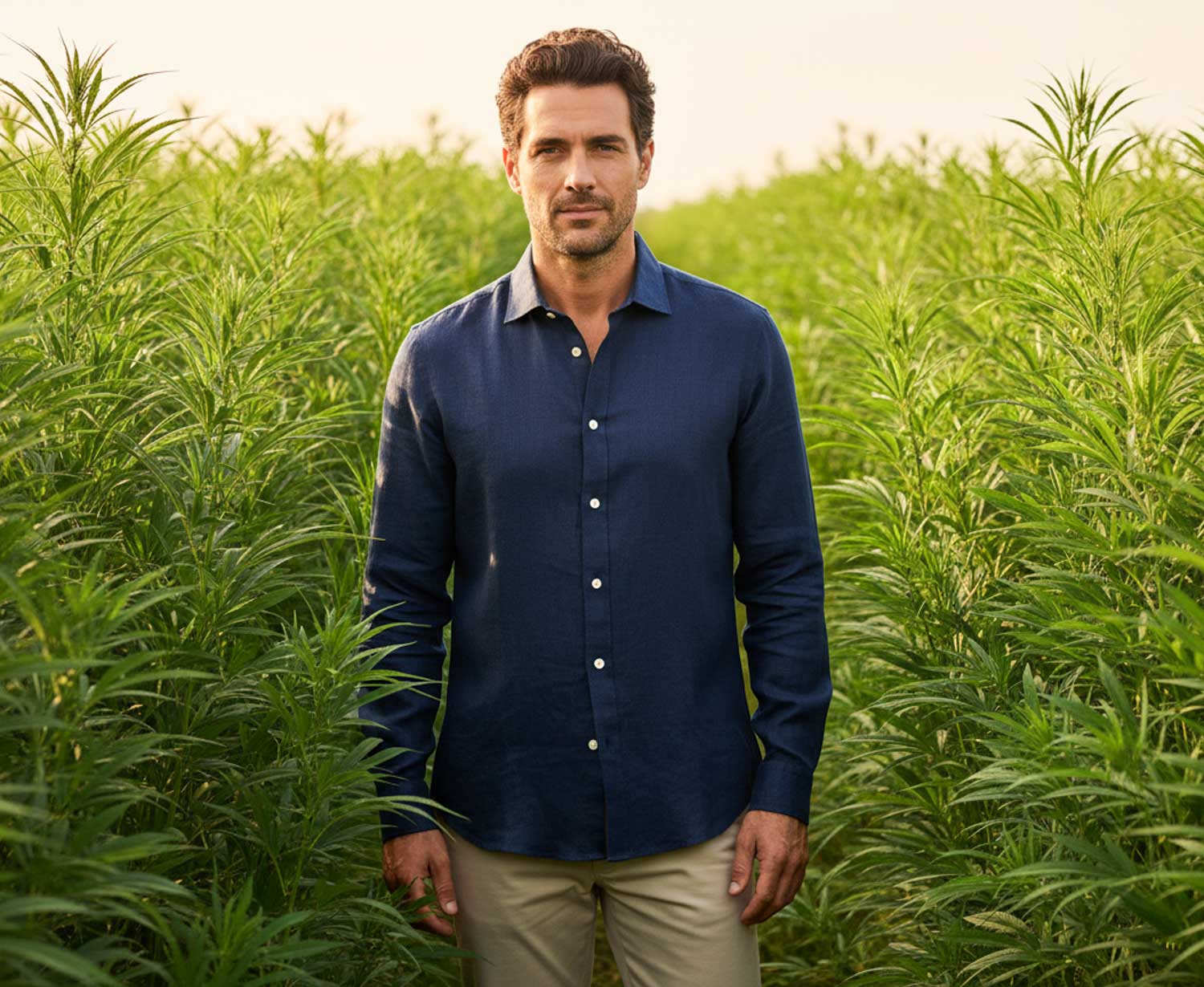man wearing navy blue hemp shirt in a field of hemp posing for photo