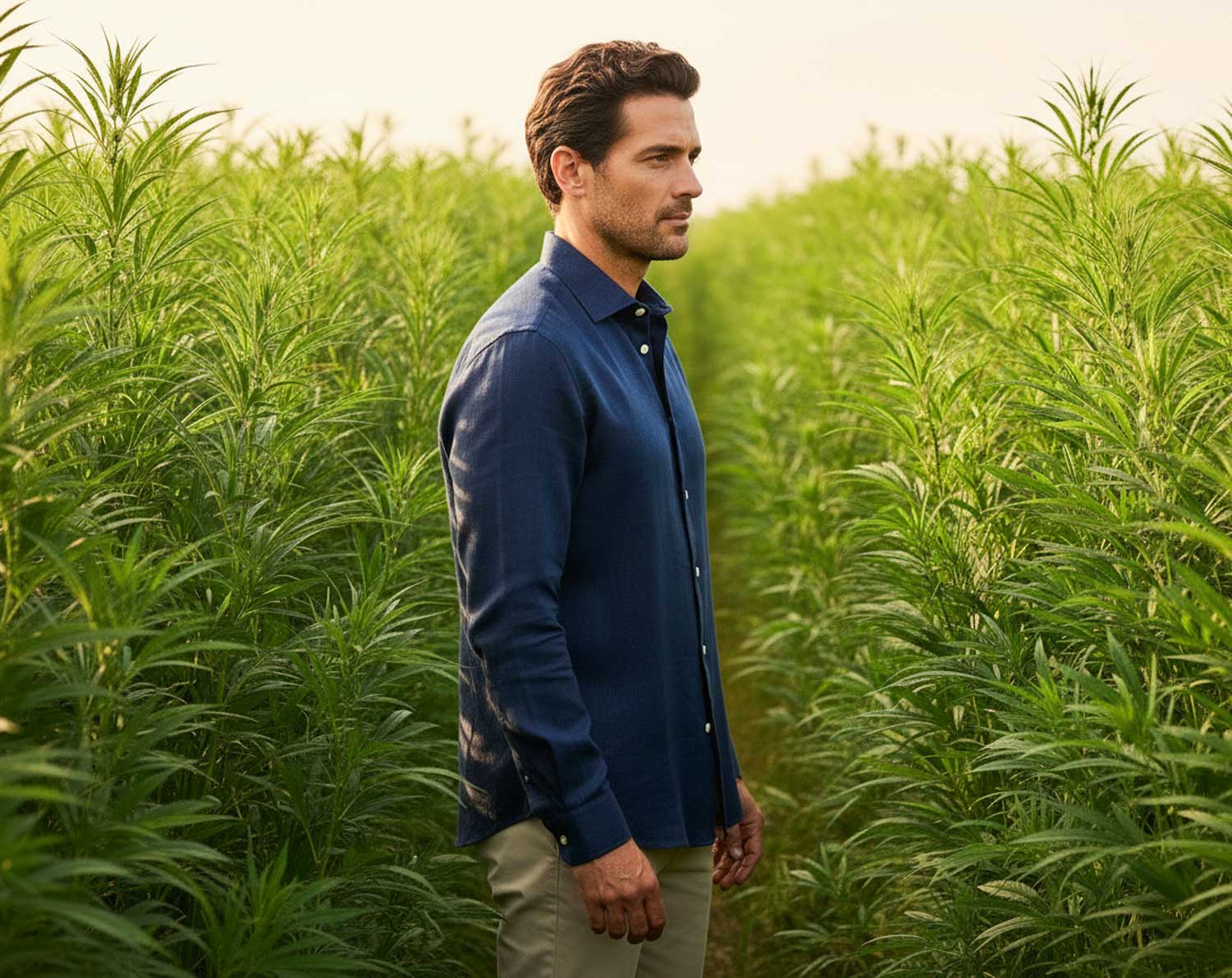 man wearing navy blue hemp shirt in a field of hemp posing for photo