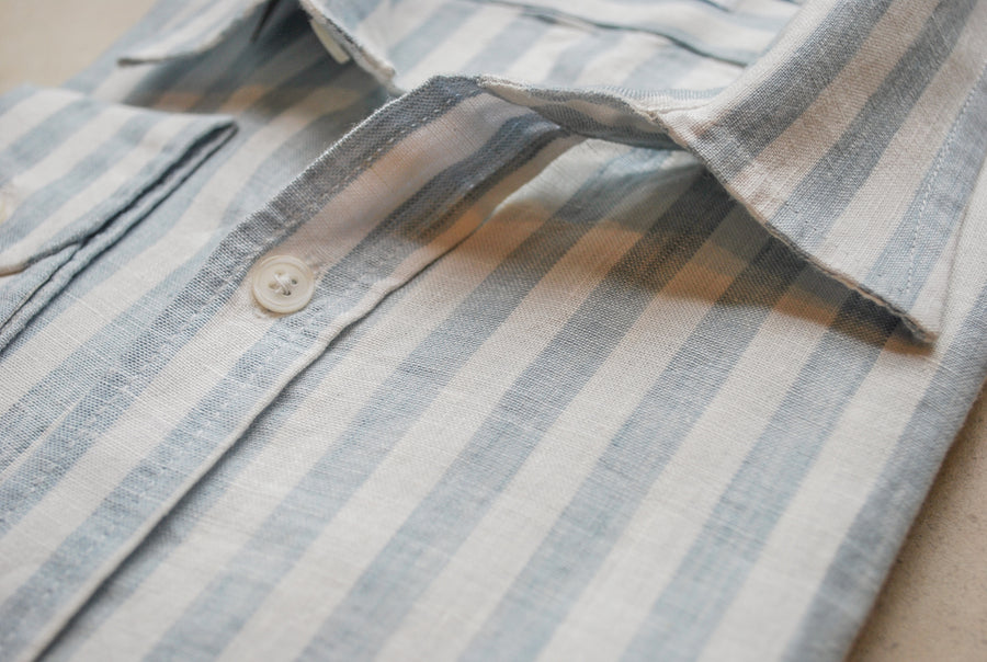 a closeup detail photo of the collar on a sustainable hemp shirt