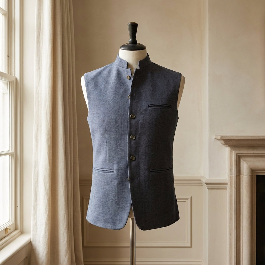 Blue nehru gilet made from hemp fabric on mannequin