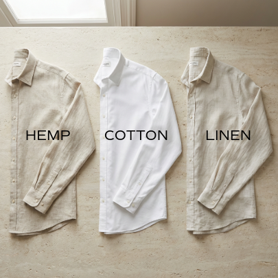 three shirts in a row, one made from hemp, one from linen and one from cotton