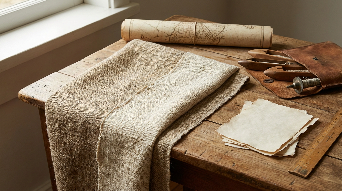 an old photo of hemp fabric and historic maps