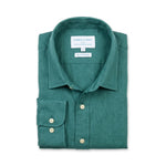 A folded green long-sleeve hemp  shirt with collar, shown on a plain white background. The inner neck label reads 'BABBLE & HEMP'.