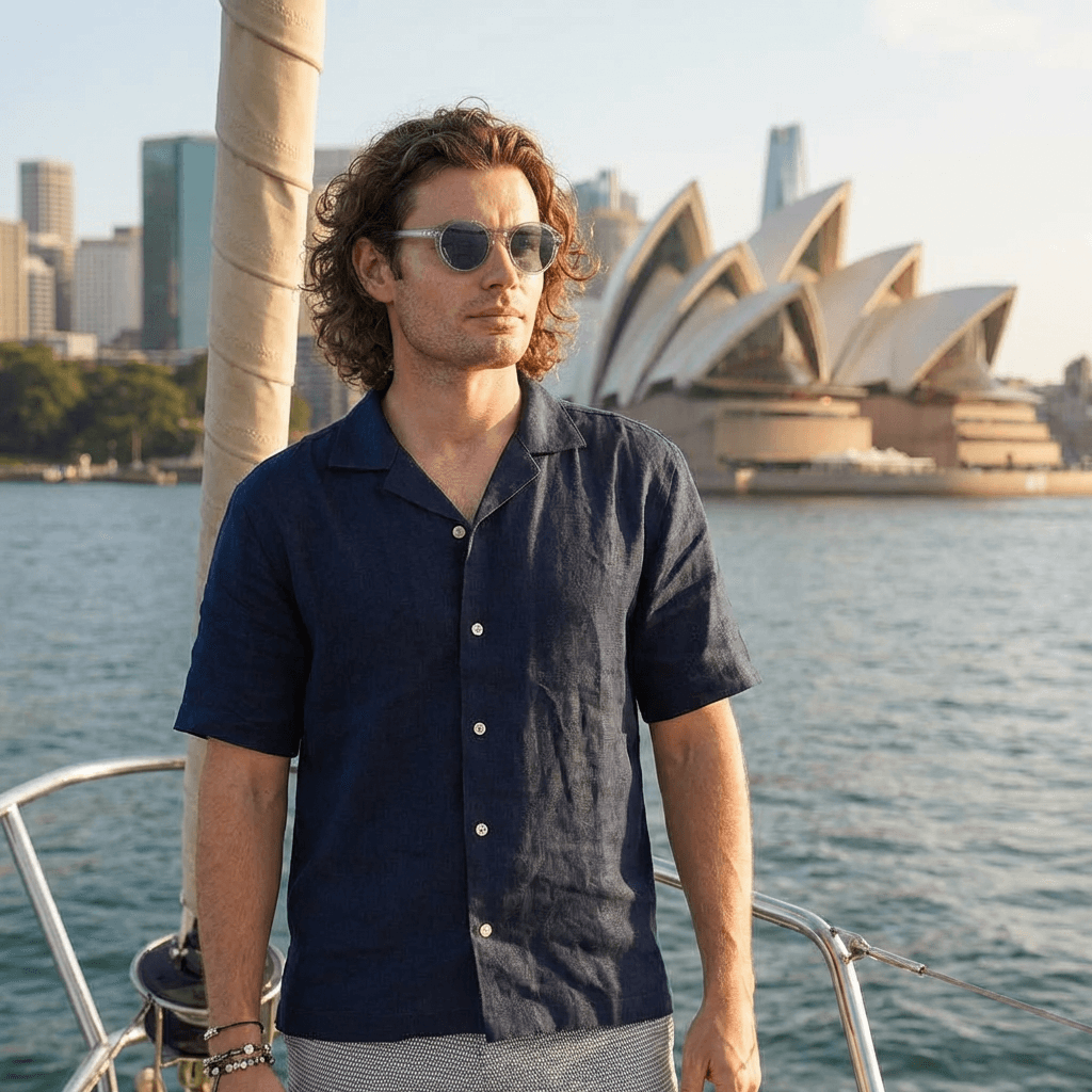a photo of a man wearing a smart casual, camp collared hemp shirt made from navy blue coloured hemp fabric whilst standing on a yacht