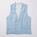 a flatlay image of a smart hemp waistcoat with double breasted buttons and shawl lapel in colour light blue