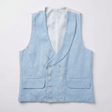 a flatlay image of a smart hemp waistcoat with double breasted buttons and shawl lapel in colour light blue