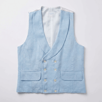 a flatlay image of a smart hemp waistcoat with double breasted buttons and shawl lapel in colour light blue
