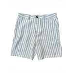 Blue and white striped hemp shorts laid flat on a white background