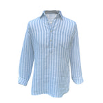 Light blue and white striped hemp shirt on a mannequin in front of a white background