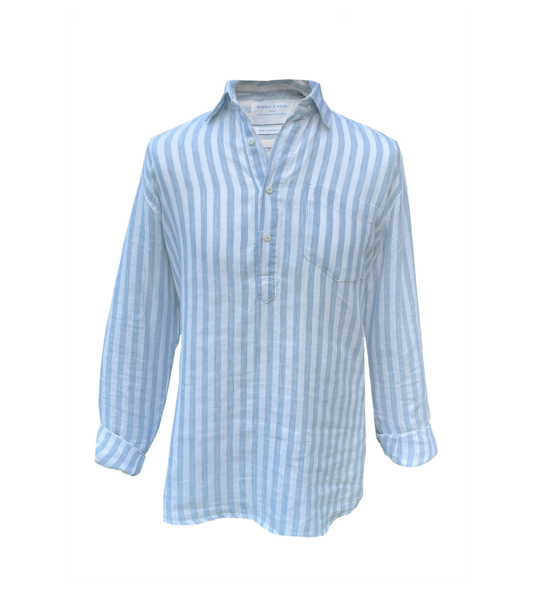 Light blue and white striped hemp shirt on a mannequin in front of a white background