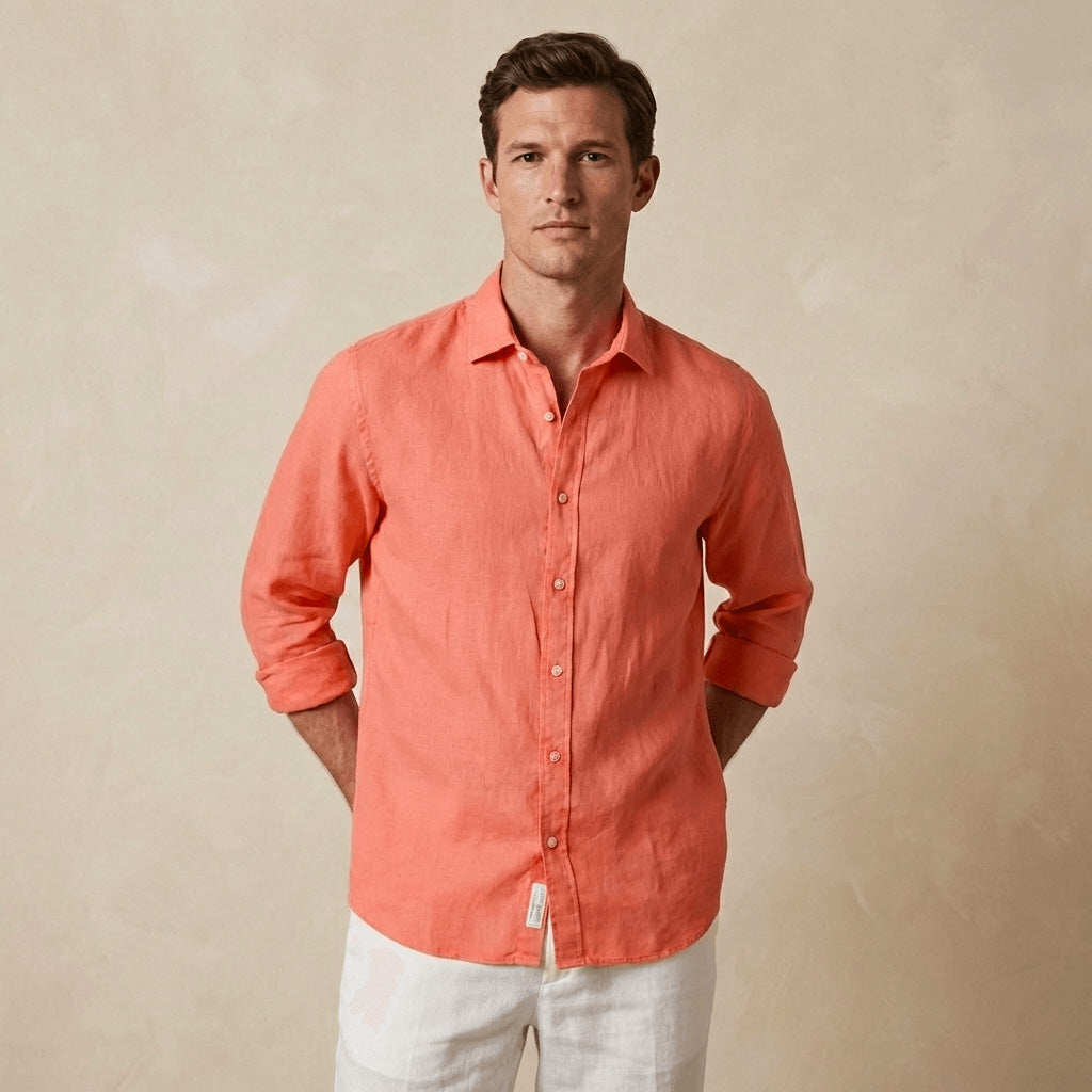Man wearing a coral hemp shirt against a beige background