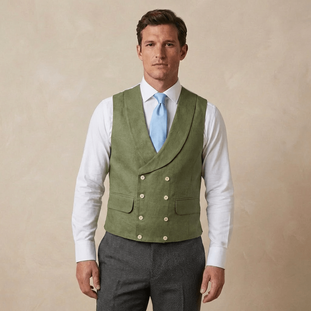 man wearing a green coloured double breasted wedding waistcoat made from hemp fabric in front of a beige background