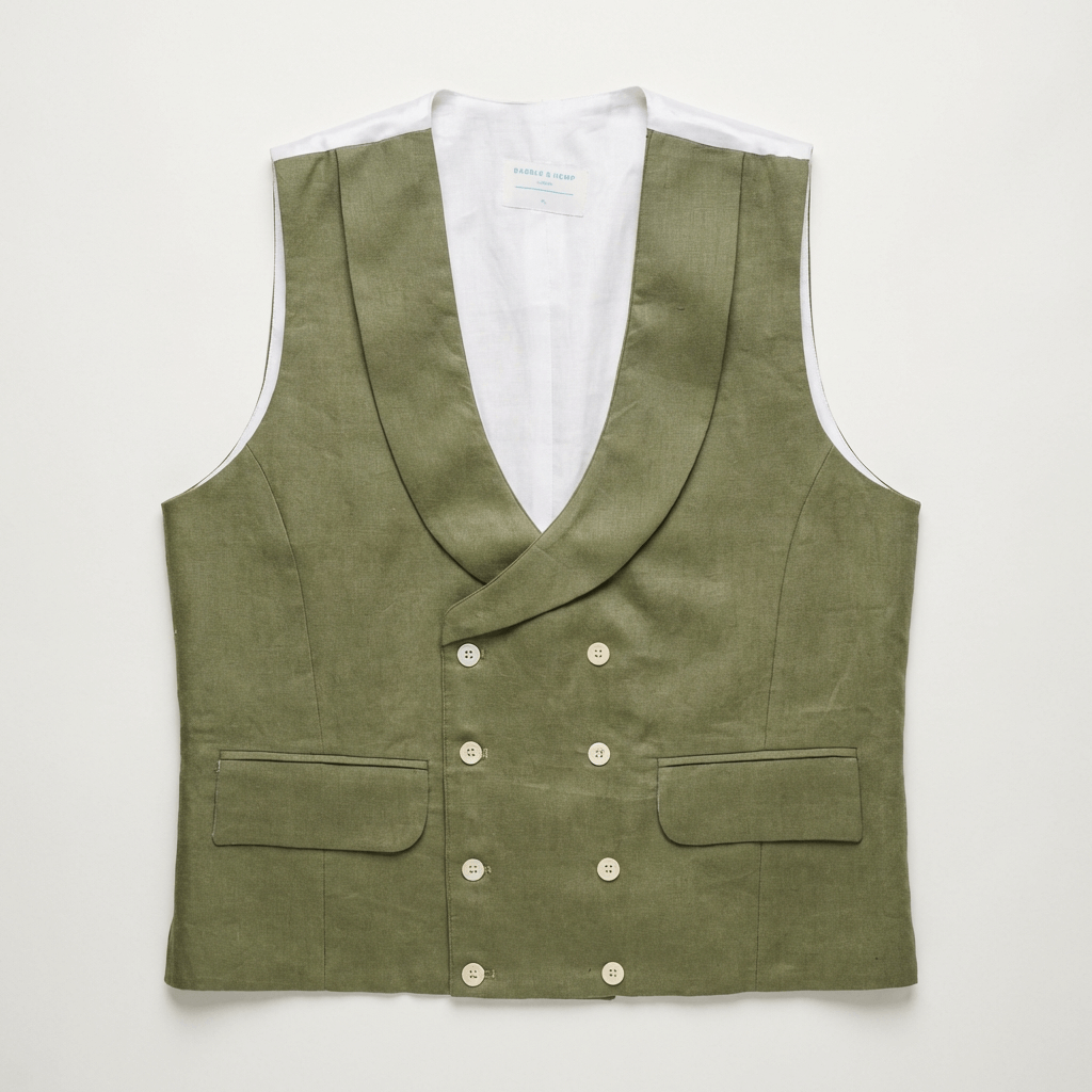 a flatlay image of a smart hemp waistcoat with double breasted buttons and shawl lapel in colour green