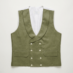 a flatlay image of a smart hemp waistcoat with double breasted buttons and shawl lapel in colour green