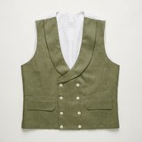 a flatlay image of a smart hemp waistcoat with double breasted buttons and shawl lapel in colour green