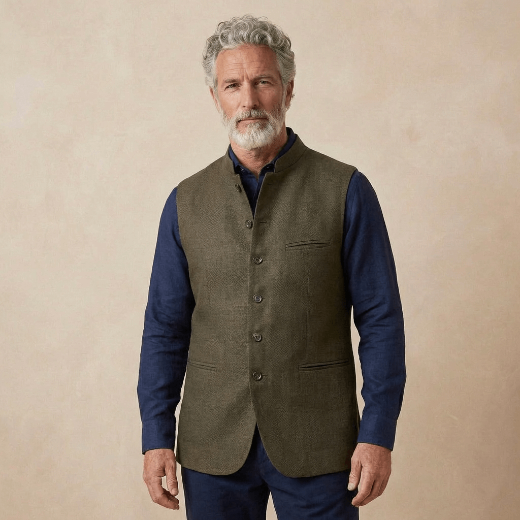 Man wearing a green / brown nehru gilet made from hemp fabric over a blue shirt against a beige background