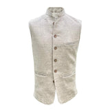 Cream or beige coloured sleeveless nehru jacket made from hemp fabric with button details on a white background