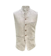 Cream or beige coloured sleeveless nehru jacket made from hemp fabric with button details on a white background