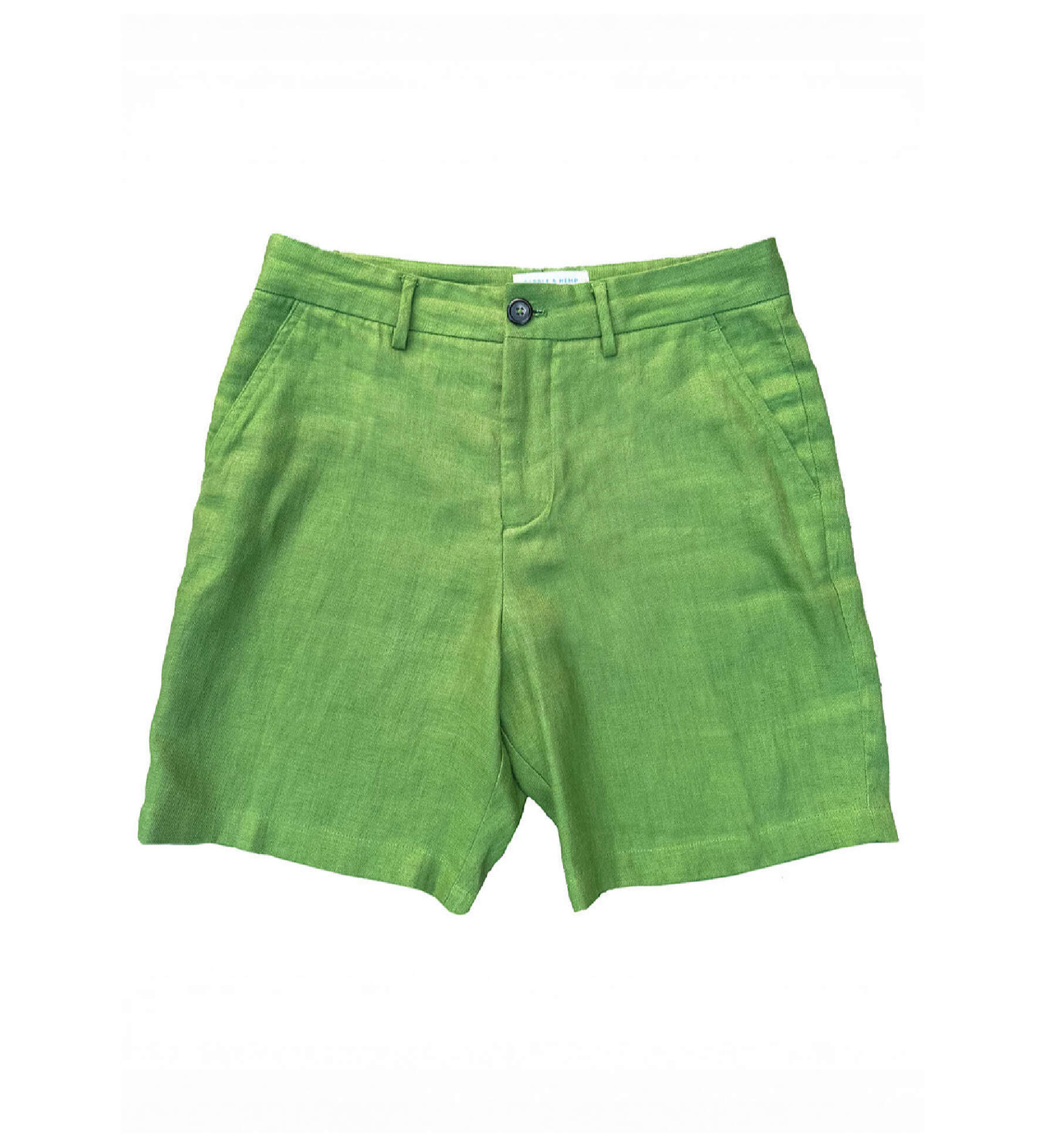 Green hemp shorts laid flat on a white background