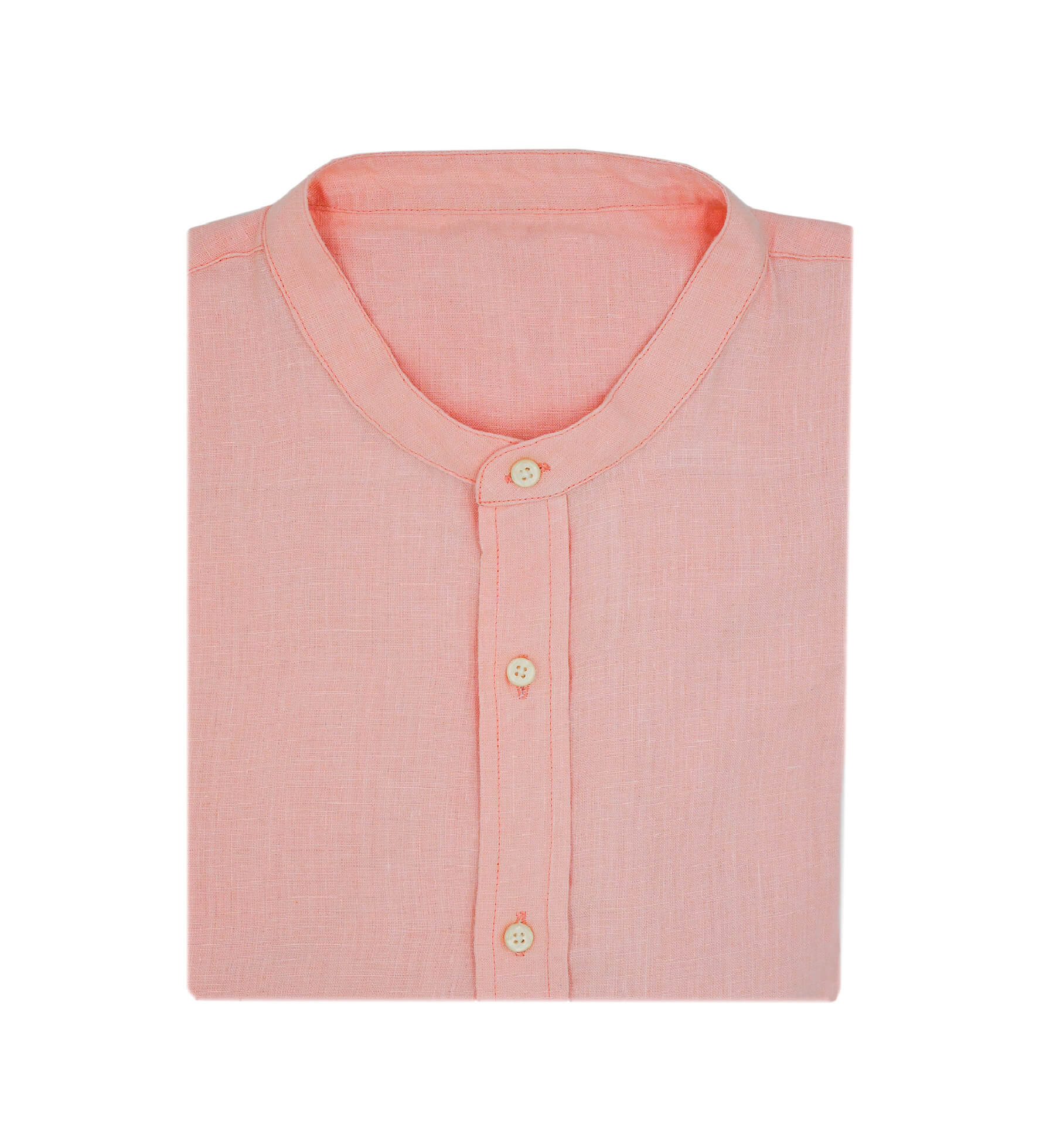 Folded pink collarless hemp shirt on a white background